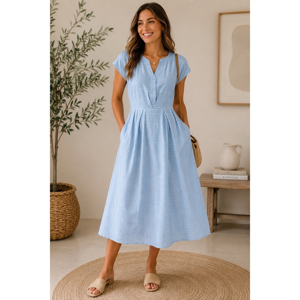 ECOWISH 100% Cotton Midi Dress M Blue Pleated Elastic Waist Minimalist Resort